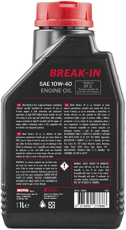 Motul 108080 Set of 5 Break-in 10W-40 Mineral Oil 1-Quart Bottles