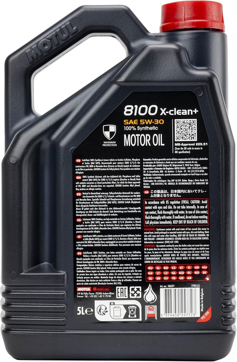 Motul 8100 X-Clean+ 5W-30 Full Synthetic Car Engine Oil 5L