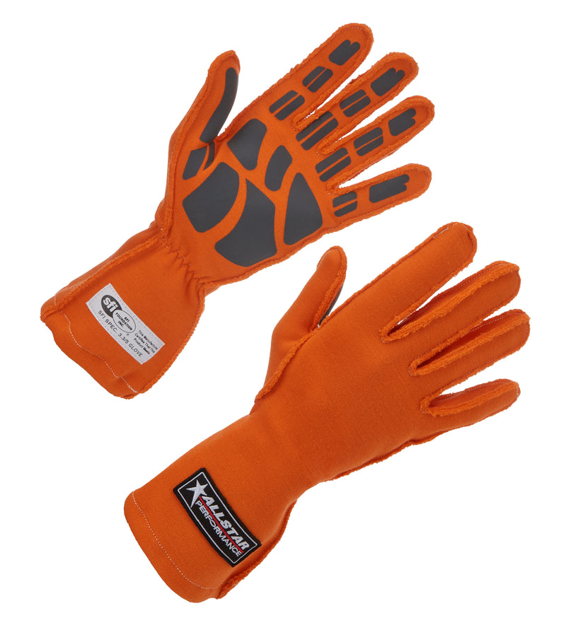 ALLSTAR PERFORMANCE Driving Gloves SFI 3.3/5 Outseam D/L SM Orange ALL916041