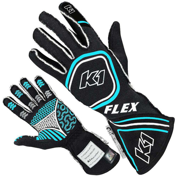 K1 RACEGEAR Glove Flex Medium Black / Flo Blue SFI / FIA 23-FLX-NFB-M