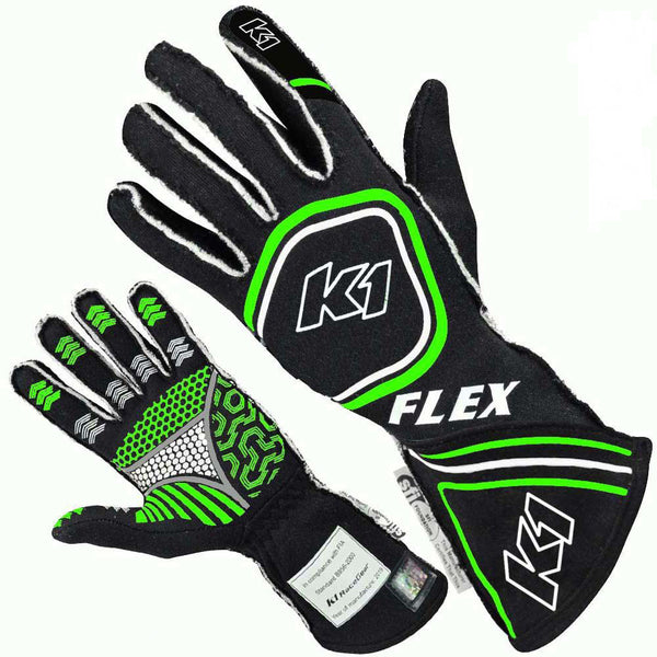 K1 RACEGEAR Glove Flex Medium Black / Flo Green SFI / FIA 23-FLX-NFV-M