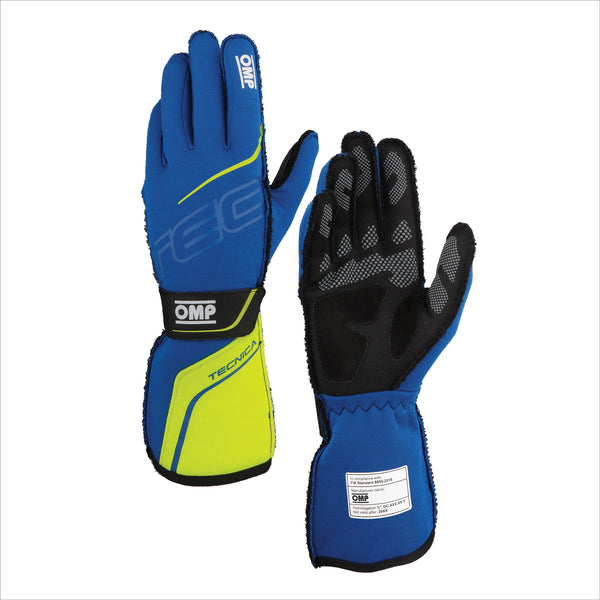 OMP RACING, INC. TECNICA GLOVES FIA 8856- 2018 BLUE / YELLOW SZ. M IB0-0779-A01-044-M